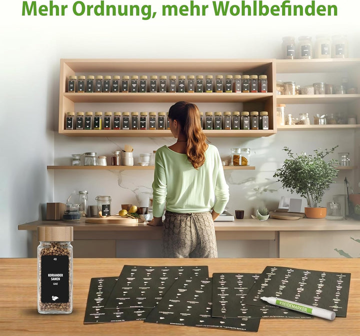 LAEVU Gewürzgläser Set Eckig | 24 Stk. 120ml - 11,1 x 4,5 cm | Gewürzstreuer Bambus mit 350 Gewürzet