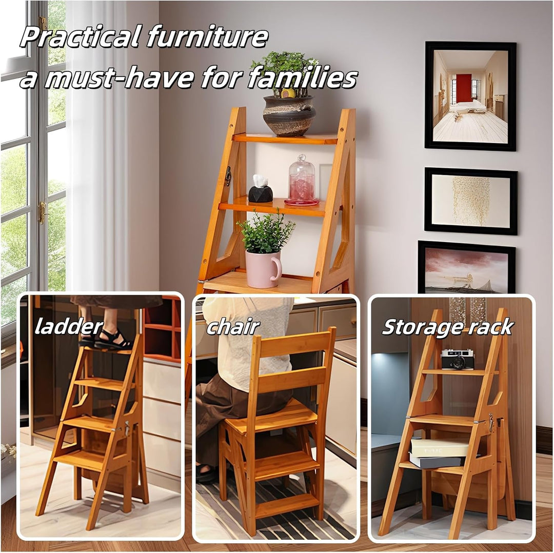 3-in-1 Holz Tritthocker Klappbar, 4 Stufen Leiterstuhl Multifunktionaler Klapptritt als Hocker &amp; Lei