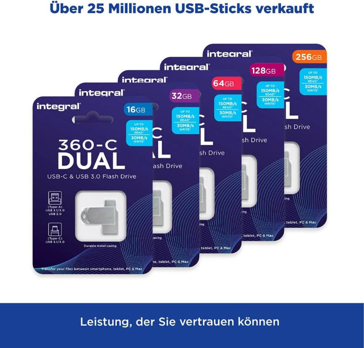 Integral 128GB 360-Dual USB 3.2 Gen 1 Typ A & USB-C Flash-Laufwerk - 5Gbps Übertragungen - Plug & Pl