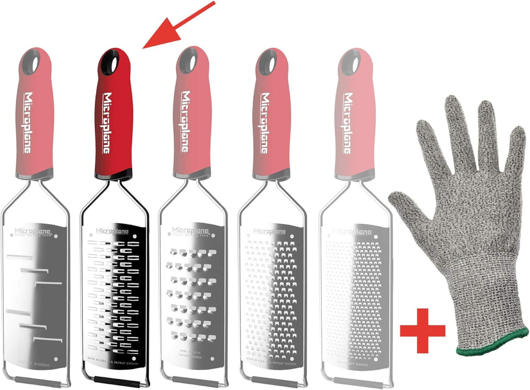 Microplane Gourmet Reibe fein grob sehr grob Sternenklinge Raspel + Prymo Schutzhandschuh Grösse 2-W
