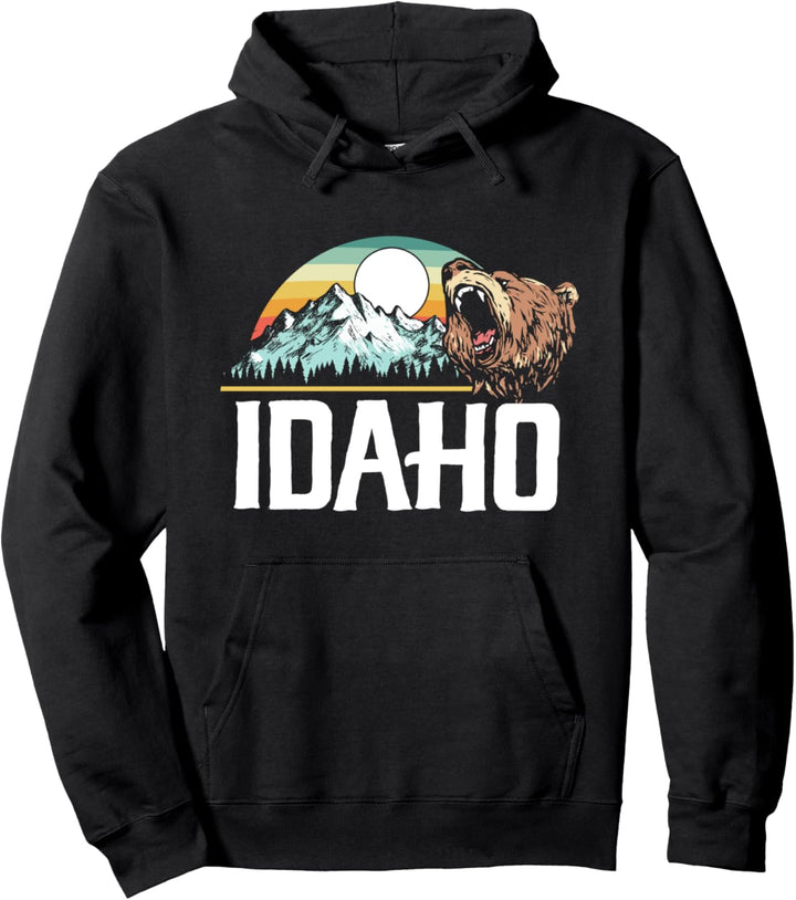 Idaho Retro Roaring Grizzly Bear 80's Style Graphic Pullover Hoodie
