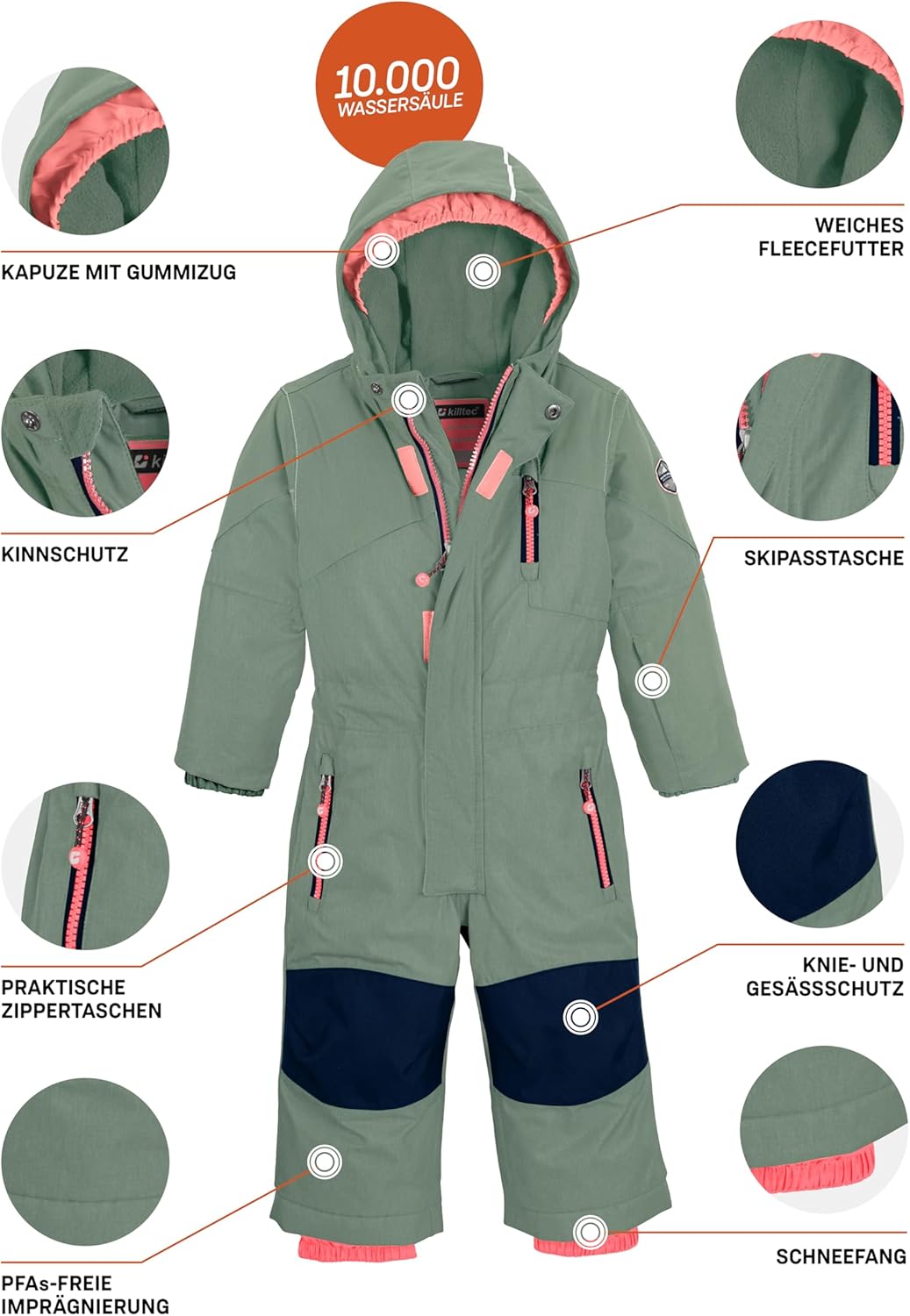 Killtec Kesley Mini Skioverall/Schneeanzug mit Kapuze und Schneefang, hell blaugrün, 86/92