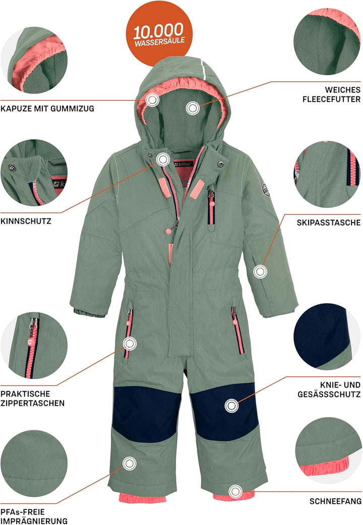 Killtec Kesley Mini Skioverall/Schneeanzug mit Kapuze und Schneefang, hell blaugrün, 86/92