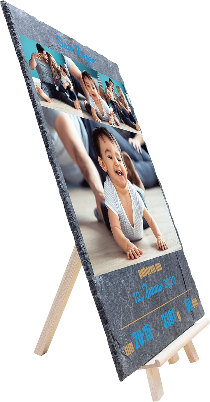 wandmotiv24 Schieferplatte mit eigenen Fotos zur Geburt, 20 x 30 cm, inklusive Staffelei, 4 Fotos +
