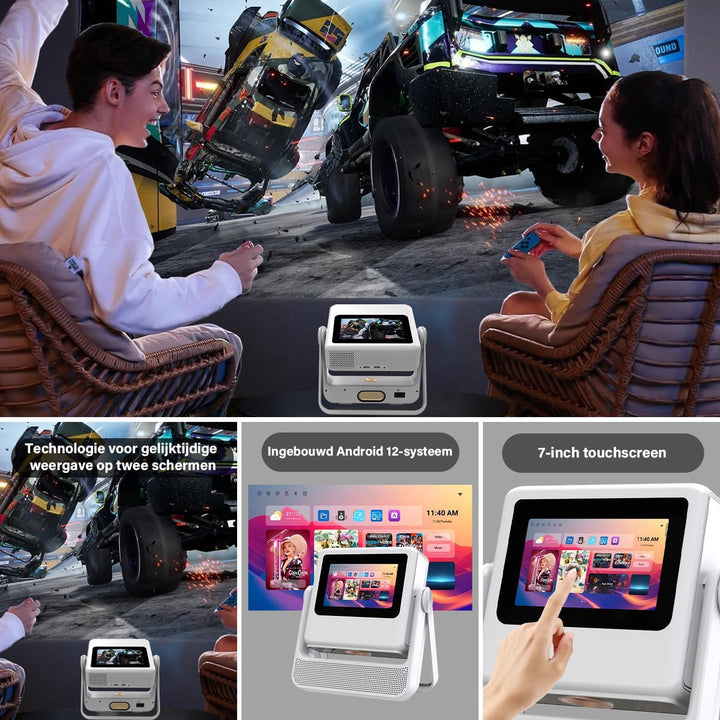 Smart Mini Beamer 4K-Unterstützung mit Touchscreen, 1100ANSI Outdoor Projektor, Autofokus & Trapezko
