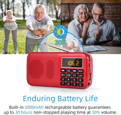 PRUNUS Kleines Radio. Tragbares Radio mit Grosse Batteriekapazität (3000mAh),Uhr FM SD USB MP3 UKW R
