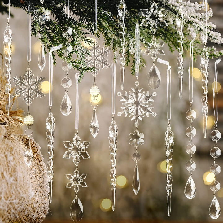 18 Stück Weihnachtsbaumschmuck Kristall Ornamente – Hängende Acryl Weihnachten Schneeflocke Eiszapfe