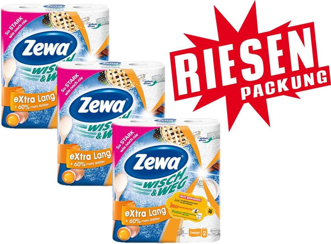 Zewa Wisch und Weg Riesen Küchenrollen Extra Lang, saugstarke Wischtücher, 3 x 2 Rollen (6 x 72 Blat