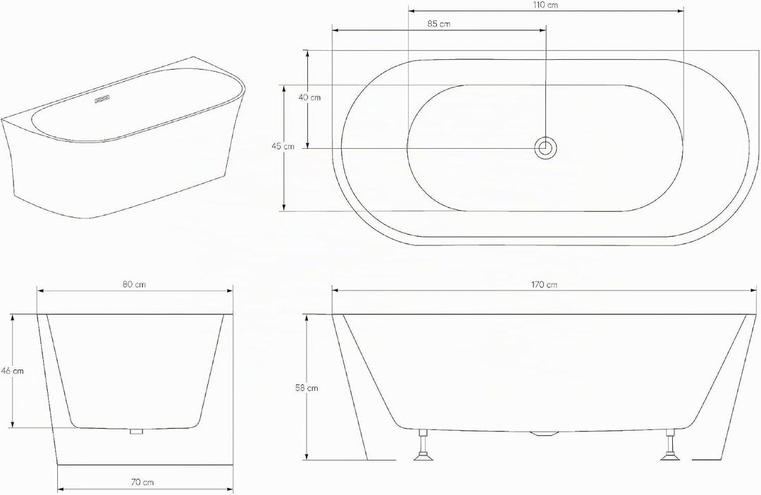 BERNSTEIN Freistehende Badewanne aus Sanitäracryl Wanne mit Doppelwandiger Konstruktion 170 x 80 x 5