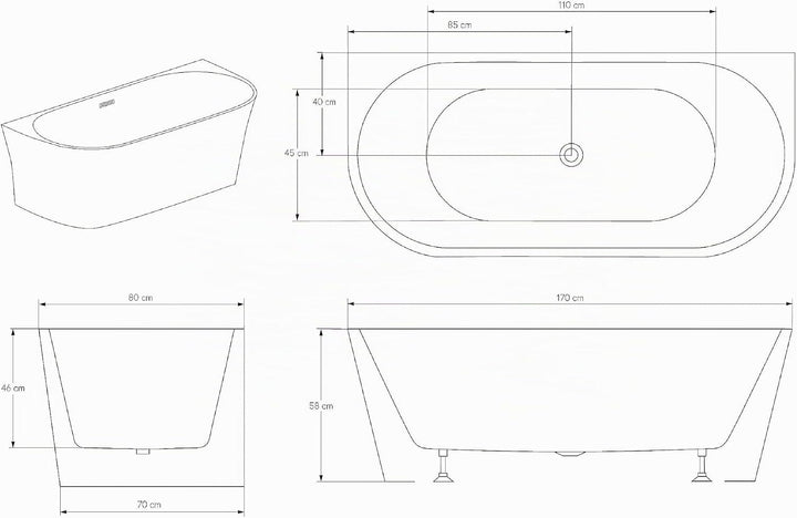 BERNSTEIN Freistehende Badewanne aus Sanitäracryl Wanne mit Doppelwandiger Konstruktion 170 x 80 x 5