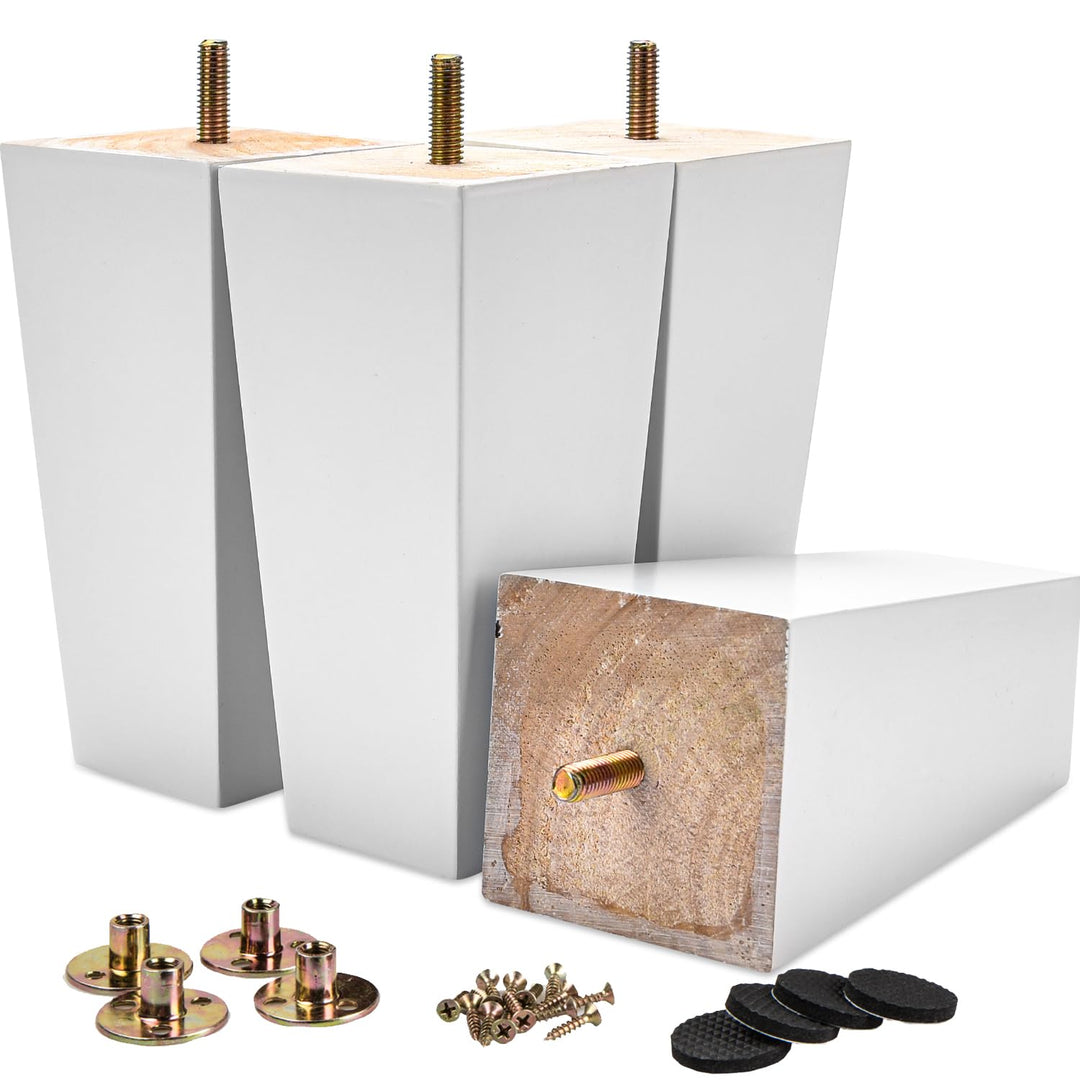 La Vane 4 Stück Möbelfüsse aus Massivholz - 10cm Höhe, Weiss, Pyramidenform mit M8 Gewindebolzen &amp; M