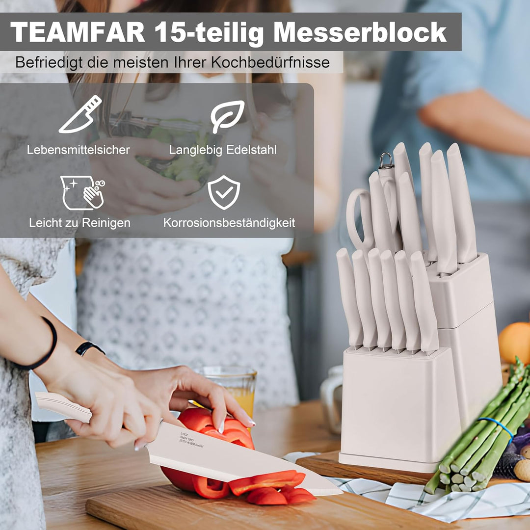TEAMFAR Messerblock mit Messerset, 15-teilig Edelstahl küchenmesser Set mit Wetzstahl, Messerblock m
