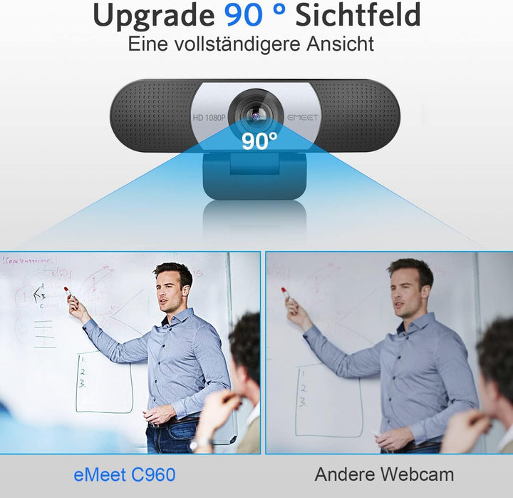 EMEET Full HD Webcam - C960 1080P Webcam mit Objektivabdeckung & Dual Mikrofon, 90 ° Streaming Kamer