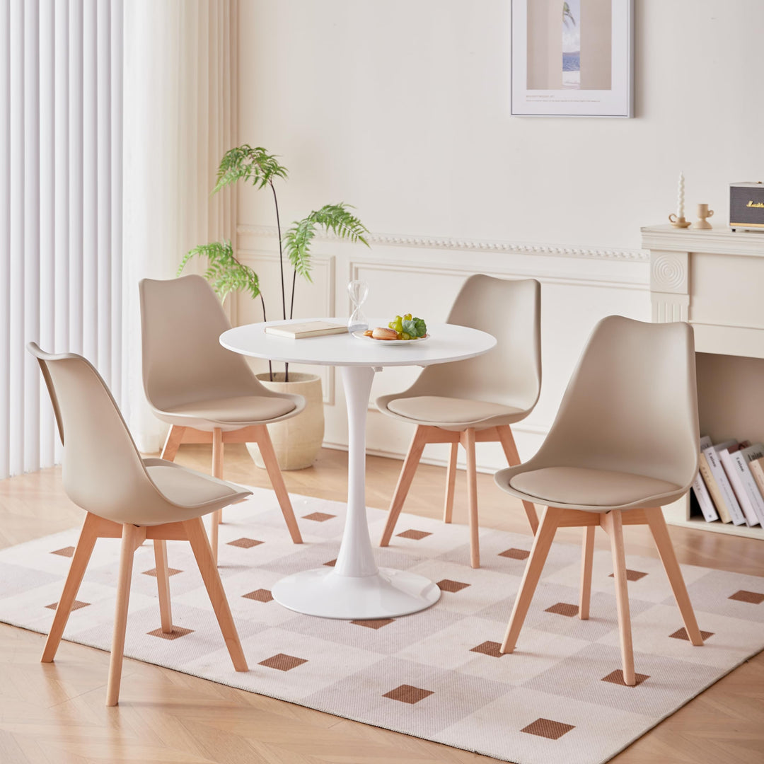 Runder Küchen-Esstisch und 4 Esszimmerstühle, moderner lässiger Tisch. Weisser Esstisch und Beige St
