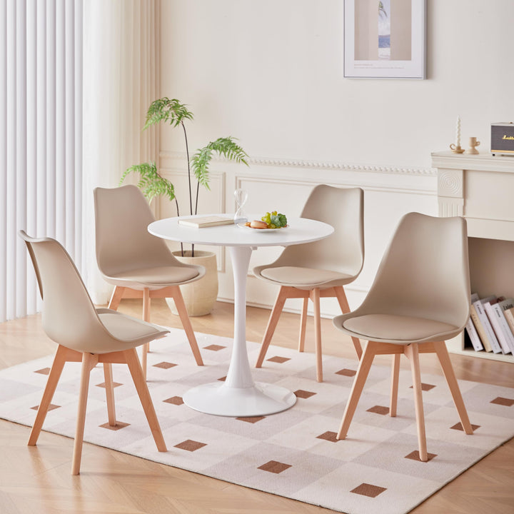 Runder Küchen-Esstisch und 4 Esszimmerstühle, moderner lässiger Tisch. Weisser Esstisch und Beige St