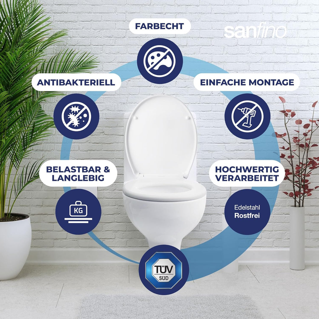SANFINO® Premium WC Sitz mit Absenkautomatik oval – 5 Jahre Garantie – TÜV geprüfter WC Sitz mit Sch