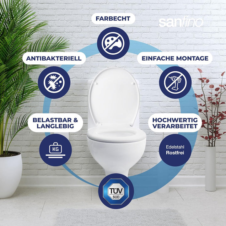 SANFINO® Premium WC Sitz mit Absenkautomatik oval – 5 Jahre Garantie – TÜV geprüfter WC Sitz mit Sch