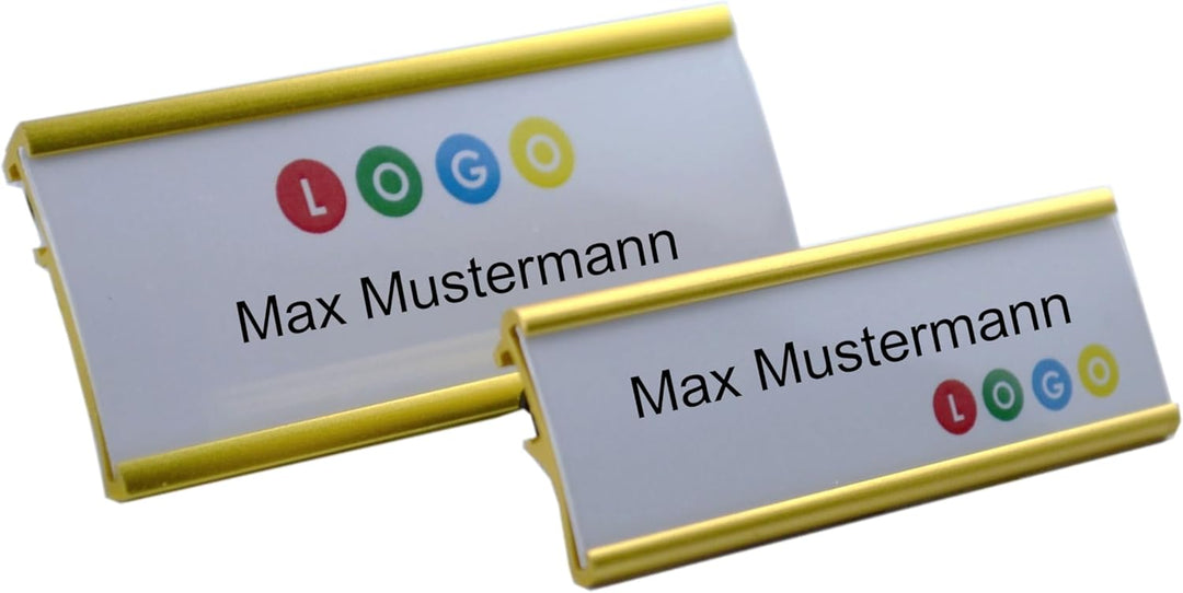 10 Stück Aluminium Namensschild goldfarbig eloxiert aus Metall, Grösse 65x22 mm oder 72x32 mm, mit M