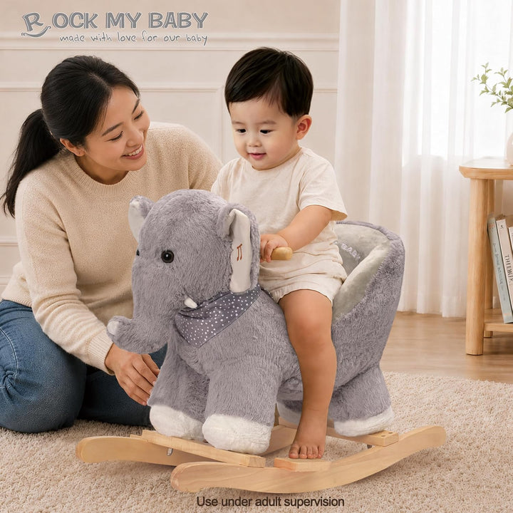 Plüsch Rocking Horse - weicher gefüllter Körper, Sicherheitssitz Stuhl, Holz Rockers, Musikknopf - K