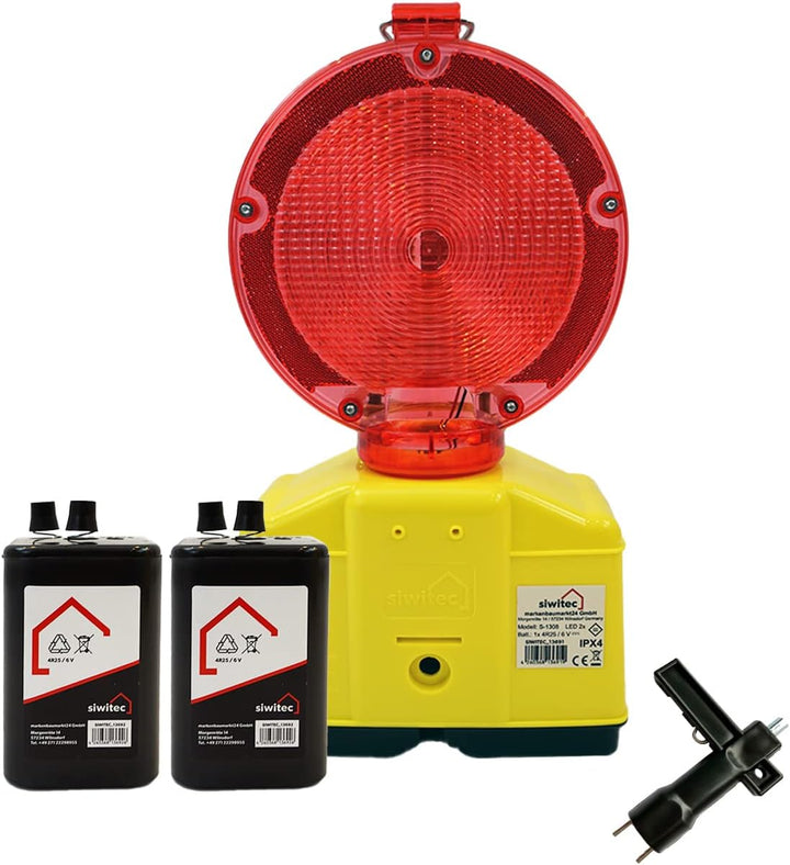 1 x siwitec LED Baustellenleuchte rot/transparent inkl. 2 x Blockbatterien Typ 4R25 6V 7Ah, LED Warn