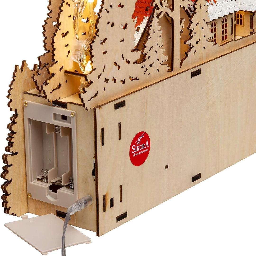 SIKORA LB08 Holz Schwibbogen beleuchteter LED Lichterbogen Motiv Winterdorf Dorfkirche Deko Weihnach