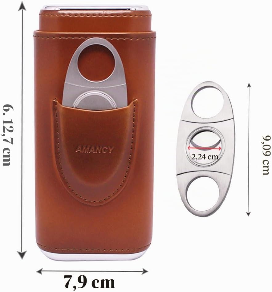AMANCY Zigarrenetui, für 3 Finger, Leder, mit Zedernholz, mit silberfarbenem Edelstahlschneider, Bra