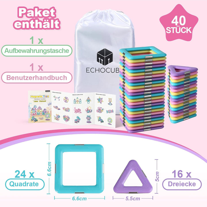 ECHOCUBE Magnetische Bausteine, 40 Stück magnetische Kacheln Konstruktionsspielzeug für Kinder, Krea