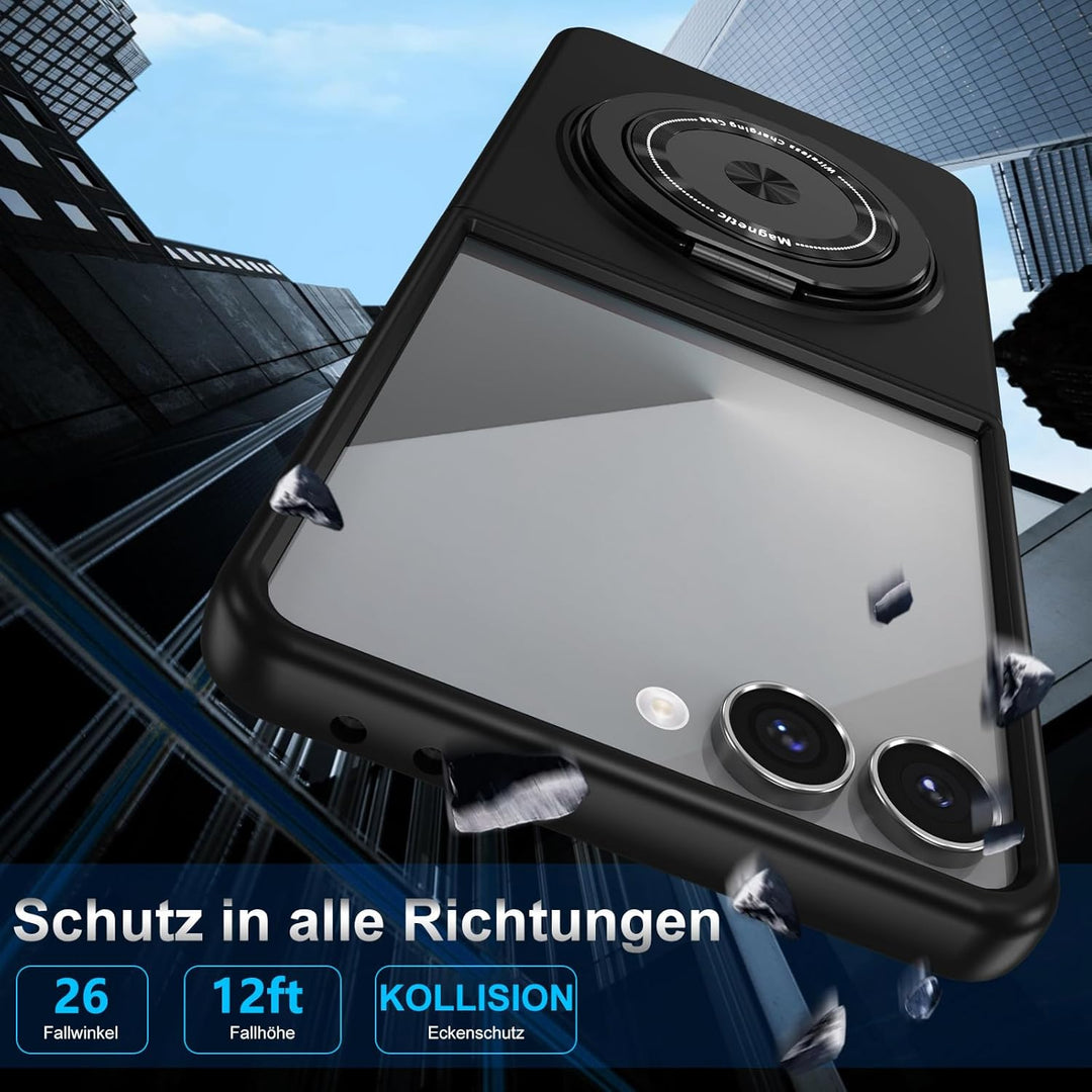 Handyhülle für Samsung Galaxy Z Flip 7 Hülle mit Schutzfolie, 360 Grad Magnetisch Metall Ring Stände