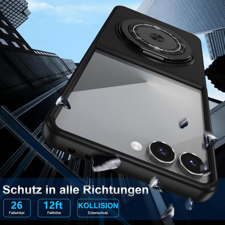 Handyhülle für Samsung Galaxy Z Flip 7 Hülle mit Schutzfolie, 360 Grad Magnetisch Metall Ring Stände