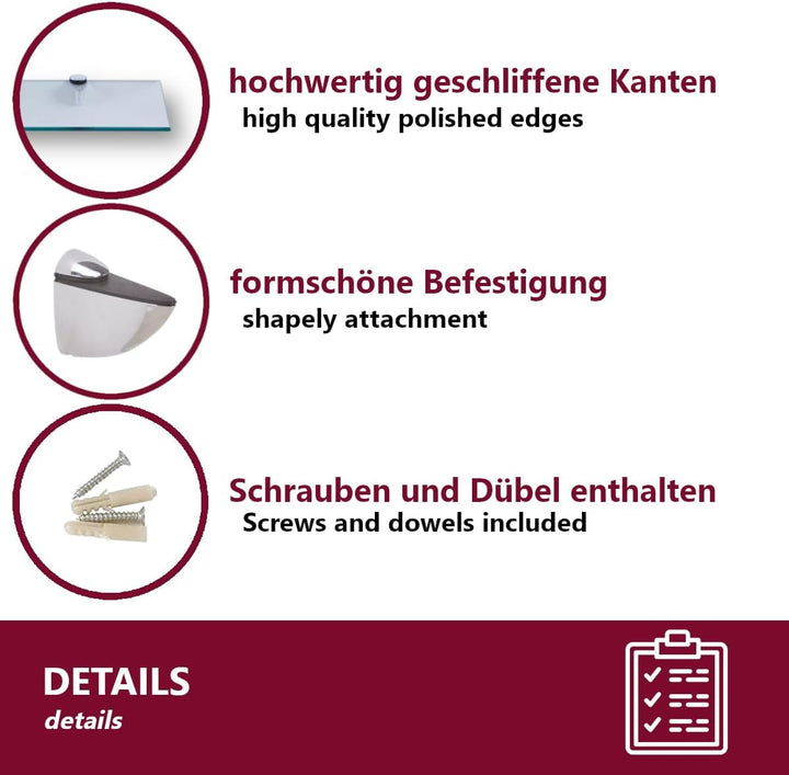 Euro Tische Glas Wandregal 40x18x0,6cm Badregal - Glas Regal für Badezimmer in verschiedenen Grössen