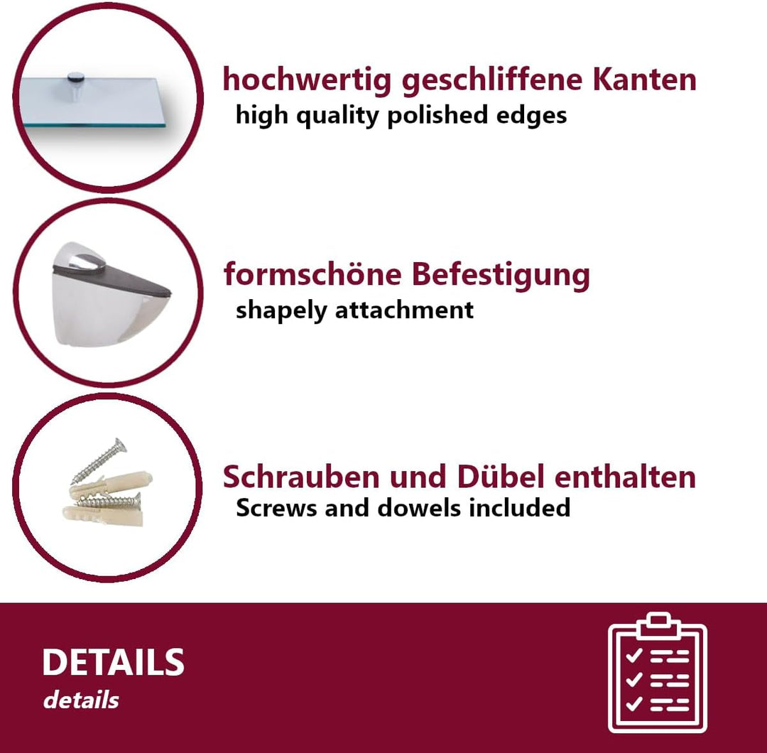 Euro Tische 100cm Glas Wandregal Klarglas, Glas Regal für Badezimmer, Klarglas Duschregal mit 6mm ES