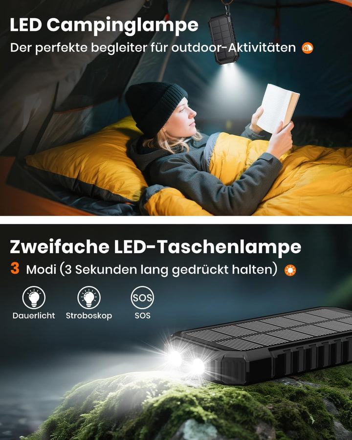 Solar Powerbank 20000mAh – 15 W Schnellladegerät, Tragbares Ladegerät, 3 integrierte Kabel mit LED-T