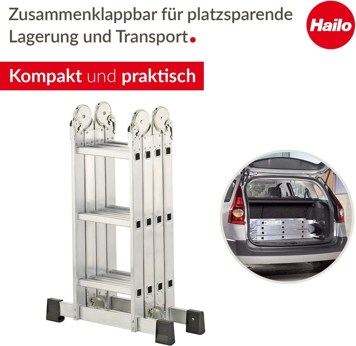 Hailo ProfiStep combi, Alu-Universalleiter, 4x3 Sprossen, Arbeitsbühne, Anlege- und Stehleiter in ei
