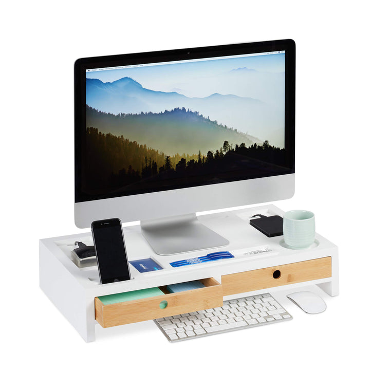Relaxdays Monitorständer, XL Bildschirmerhöhung aus Bambus &amp; MDF, 2 Schubladen, Organizer, HBT 11 x