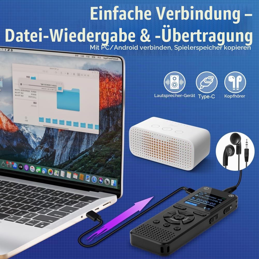 OFFCUP 64GB Diktiergerät, Digitales Diktiergerät mit Rauschunterdrückung, 1536kbps hohe Aufnahmegerä