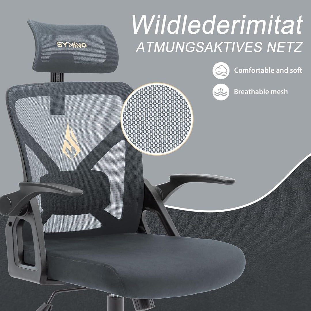 symino Bürostuhl, Schreibtischstuhl, Drehstuhl Ergonomischer mit Verstellbarer Kopfstütze, Armlehnen