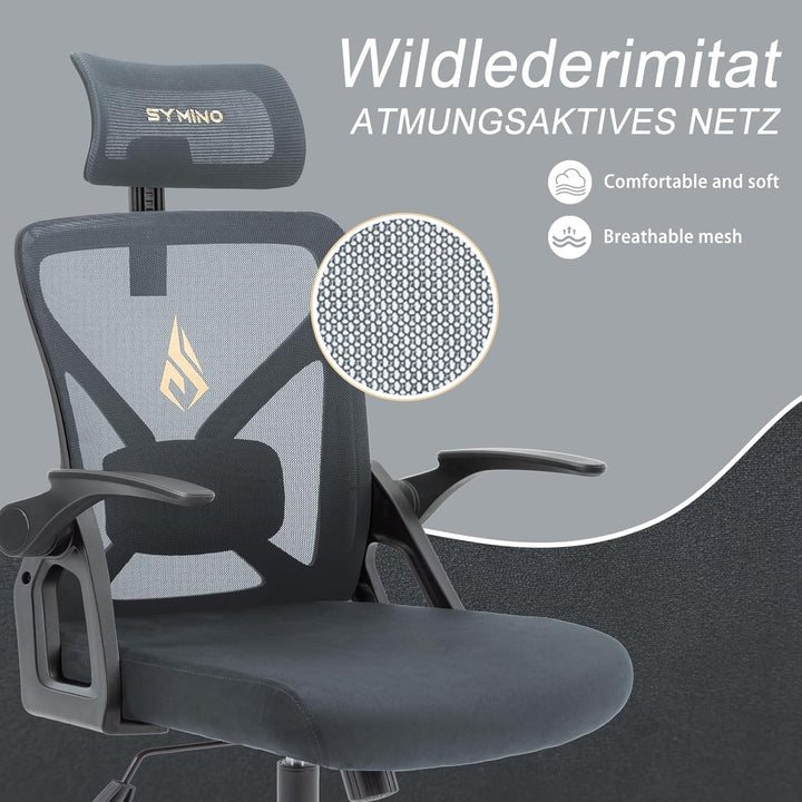symino Bürostuhl, Schreibtischstuhl, Drehstuhl Ergonomischer mit Verstellbarer Kopfstütze, Armlehnen