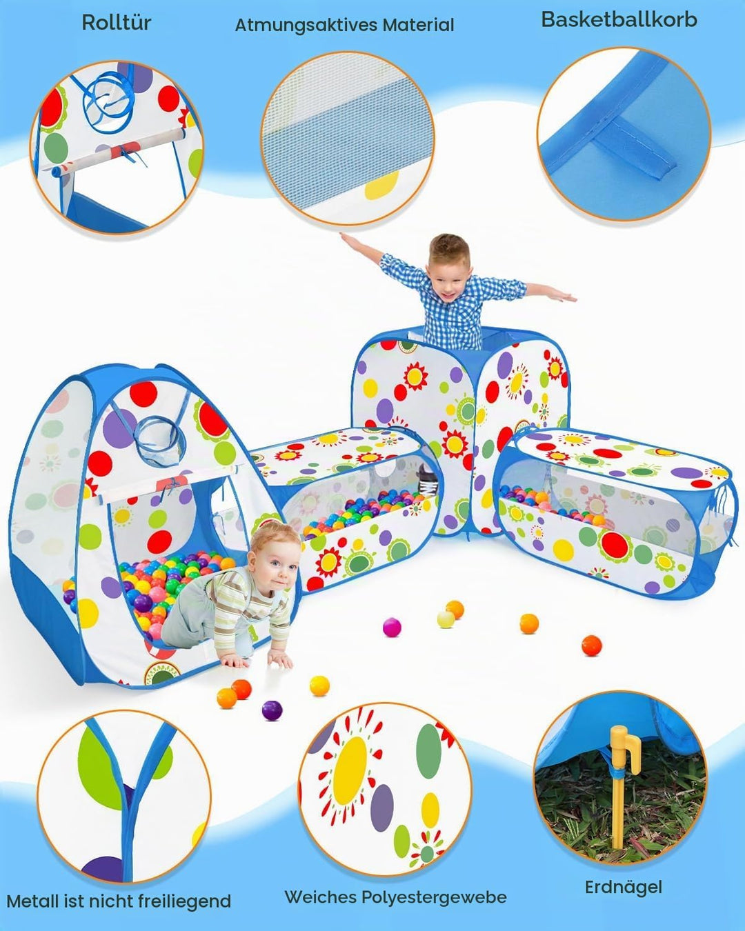 MAIKEHIGH Kinder Spielzelt mit Tunnel, 4 in 1 Pop Up Kinderzelt Bällebad Falten Krabbeltunnel Drinne
