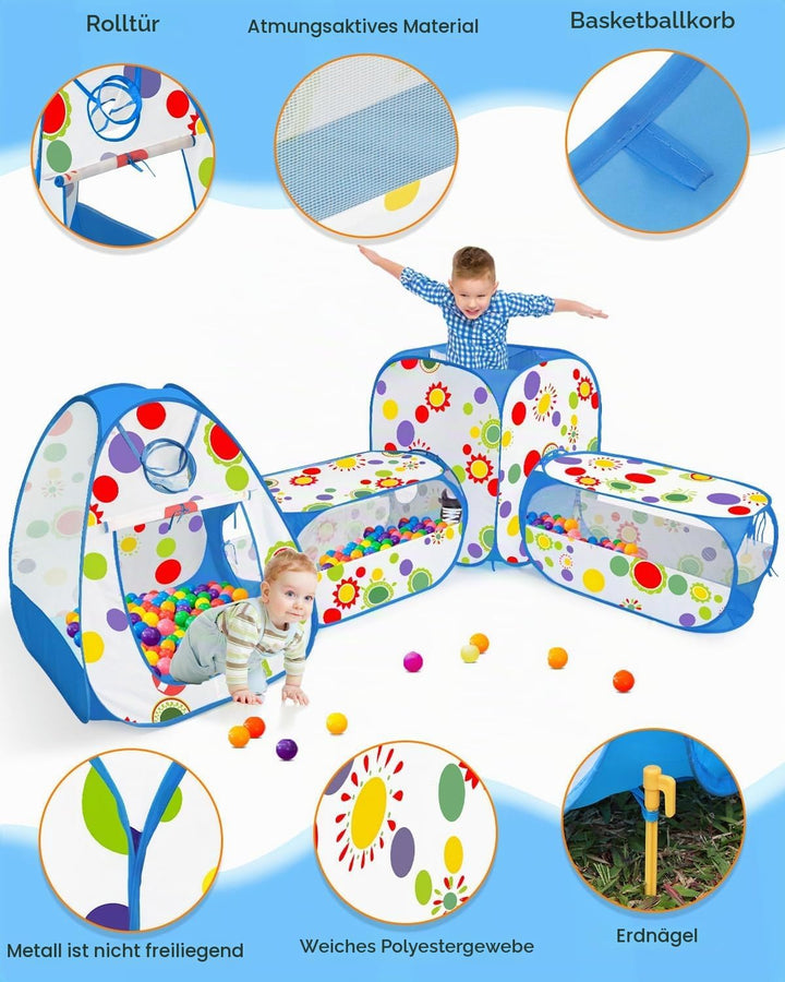 MAIKEHIGH Kinder Spielzelt mit Tunnel, 4 in 1 Pop Up Kinderzelt Bällebad Falten Krabbeltunnel Drinne