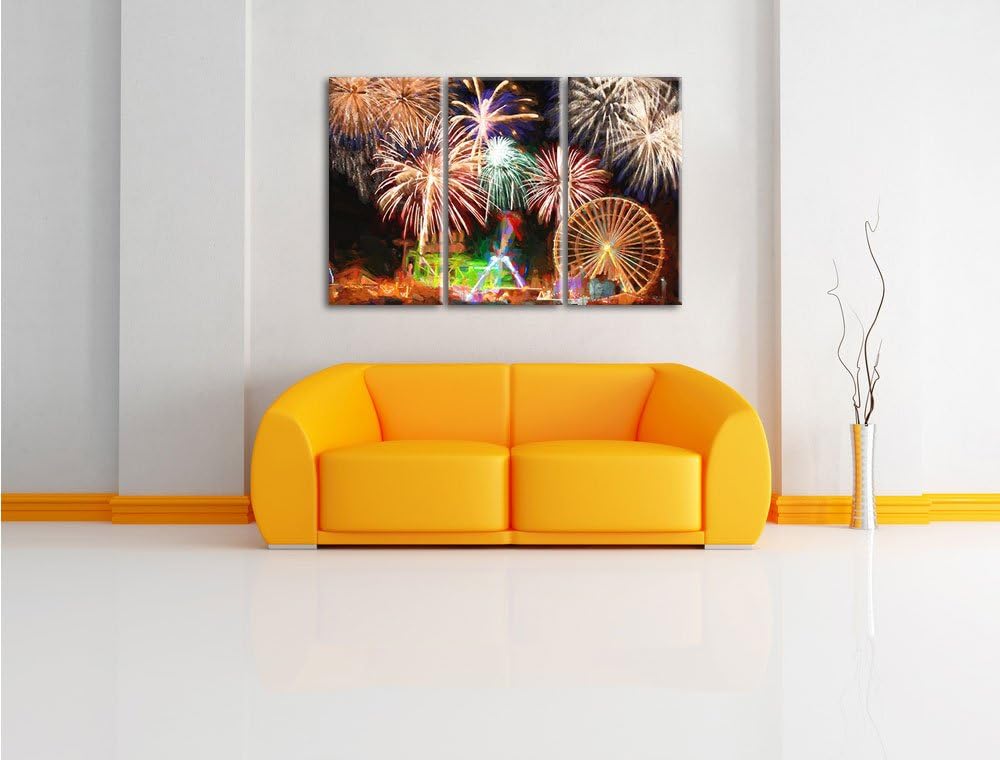Pixxprint Riesenrad mit Feuerwerk als Leinwandbild/Grösse: 3 Teilig (120x80) cm/Wandbild/Kunstdruck/