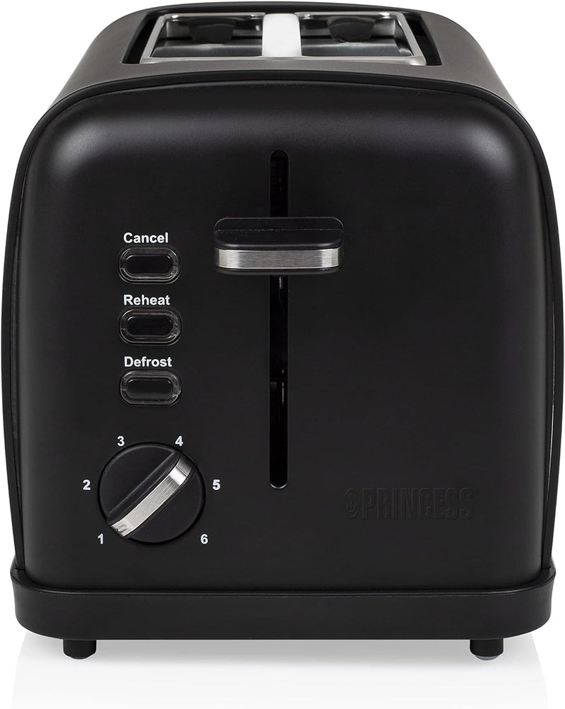 Princess Black Steel Toaster mit Brötchenaufsatz - 6 einstellbare Bräunungsstufen, Auftau-, Aufwärm-