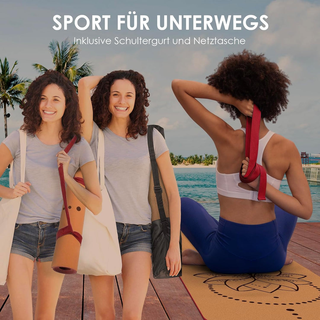 Yogamatte Kork – Rutschfeste Yoga Matte, Einzigartiges Design, Naturkautschuk TPE Gymnastikmatte, Tr
