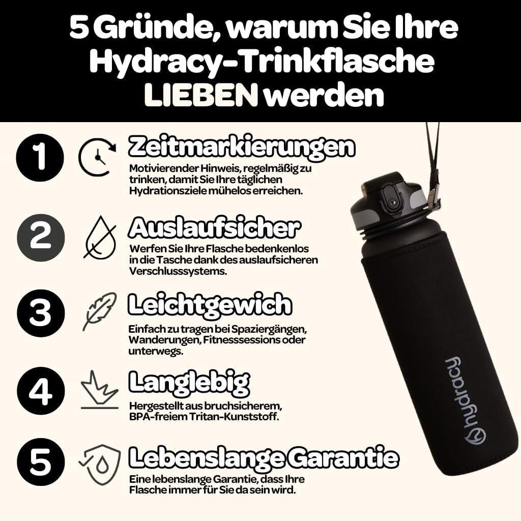 Hydracy Trinkflasche mit Strohhalm und Zeitmarkierung - 1L Wasserflasche - BPA-freie Trinkflasche -