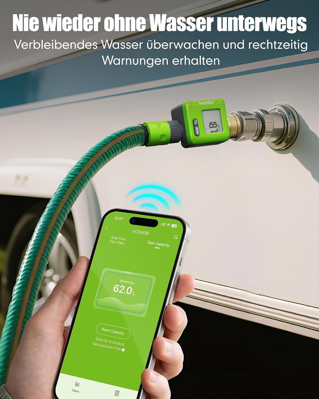 Rainpoint Smarter Bluetooth Wasserzähler mit Doppel-Messinganschlüssen, Wohnmobil Wassertank-Monitor