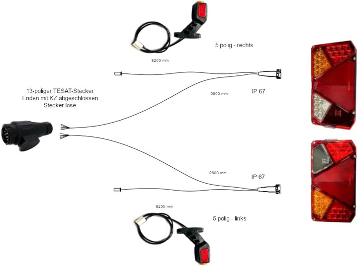 Anhängerbeleuchtung SET LED Rückleuchten Umrissleuchten Kabel 9,6m 13 polig für Anhänger