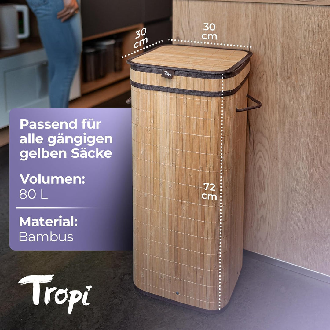 Tropi® Bambus Müllsackständer für Gelbe Säcke – 80L Gelber Sack Ständer mit Deckel & Sichtschutz – E