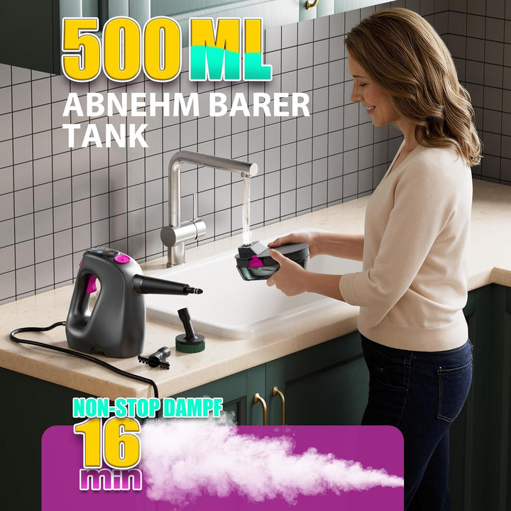 Handdampfreiniger 1200W, 500ml abnehmbarer Wassertank mit Reinigungsmittelspender, entfernt Fett und