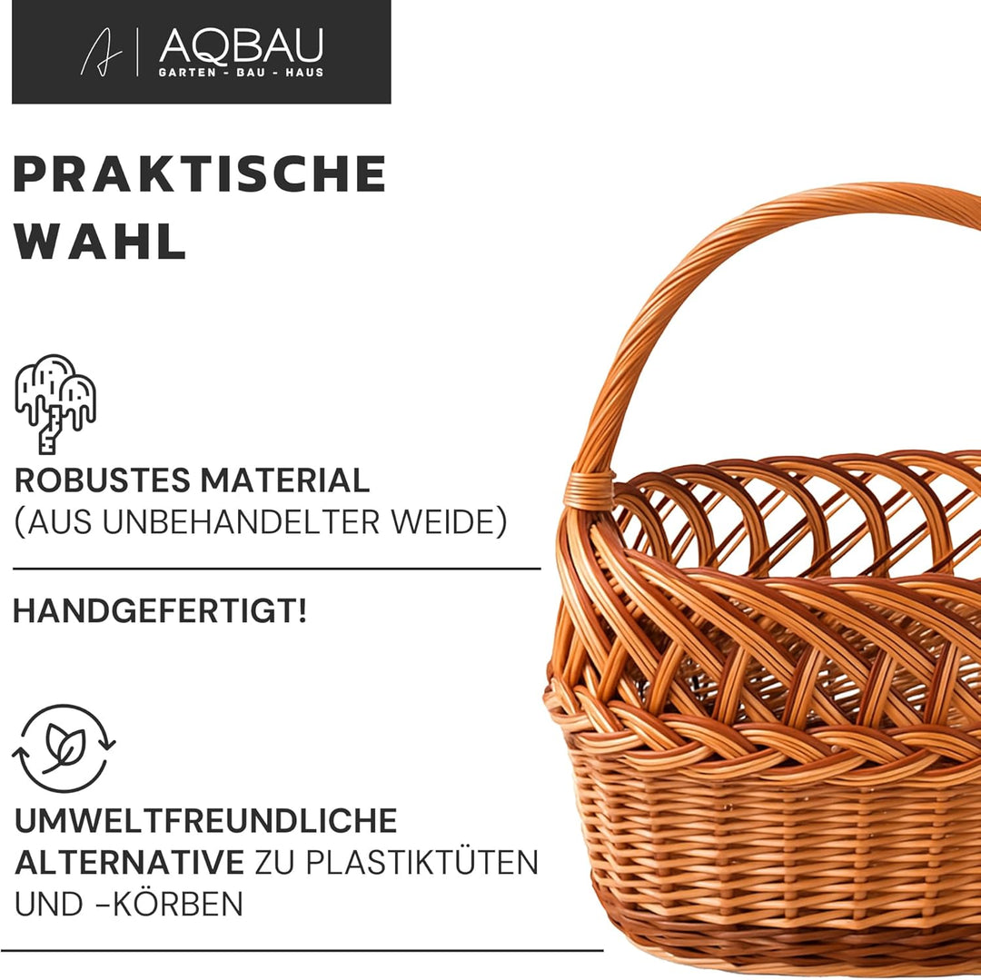Weidenkorb einkaufskorb 37 x 40 x 20cm, Korb geflochten aus Weide, Picknickkorb, Pilzkorb, Tragekorb