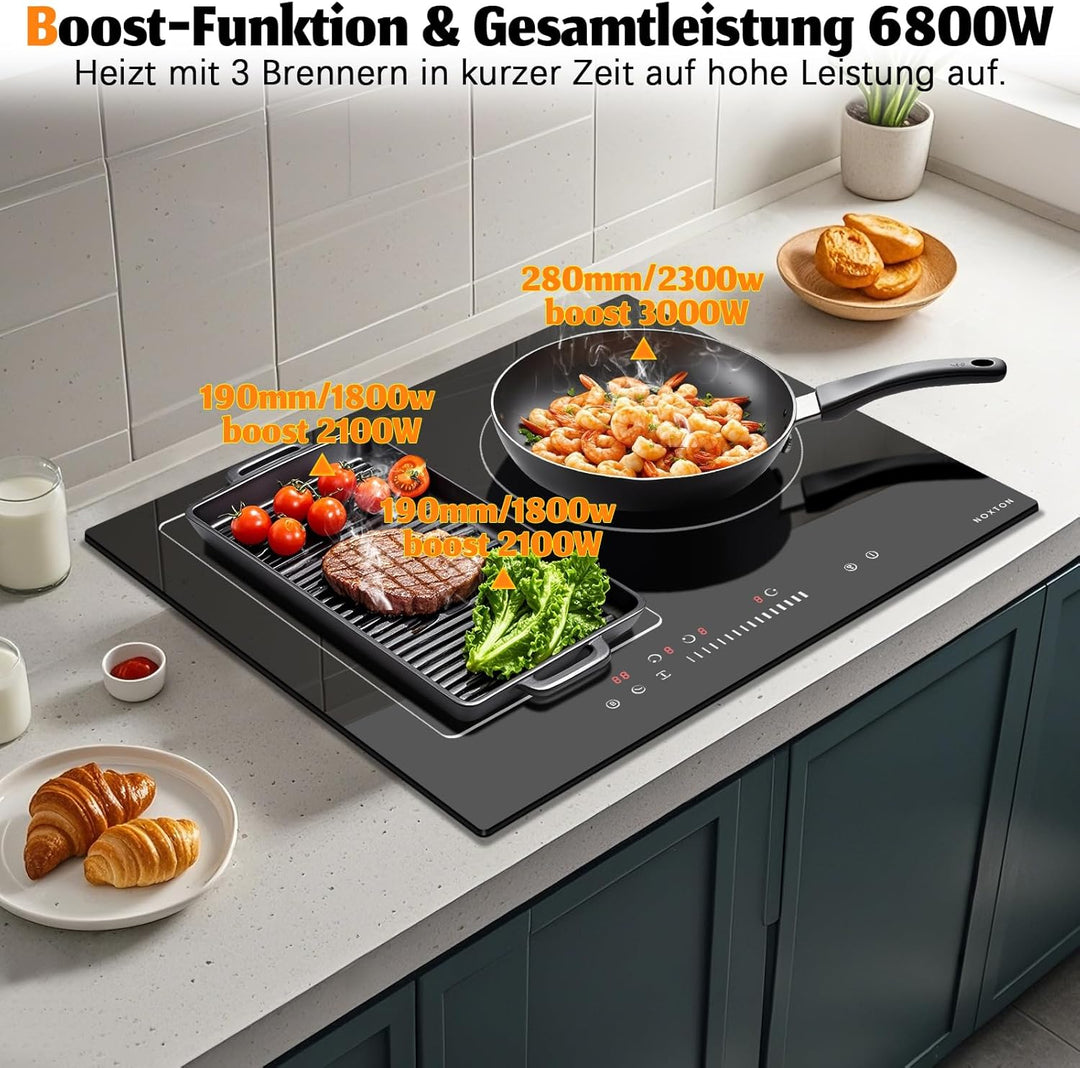 NOXTON Induktionsfeld Flexzonen 3 Platten Einbau, Induktionskochfeld 60 cm Einbau, Induktionsfeld 3