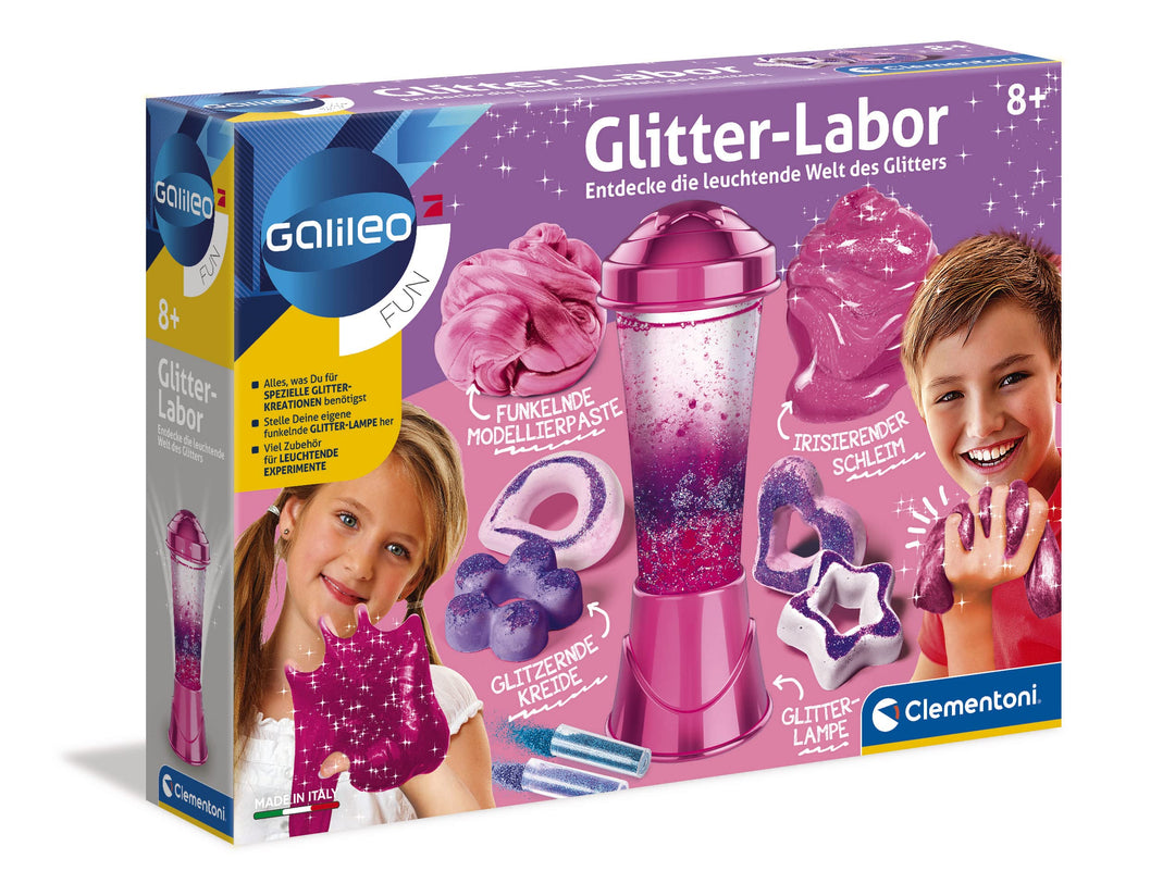 Clementoni Galileo Fun – Glitter-Labor, Basteln & Experimentieren mit Glitzer, Kreide/Schleim/Modell